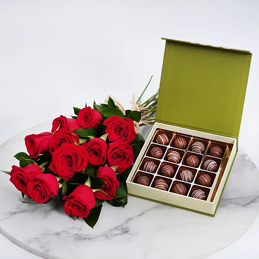 Chocolates and Hand Tied Red Rose Bouquet: 
