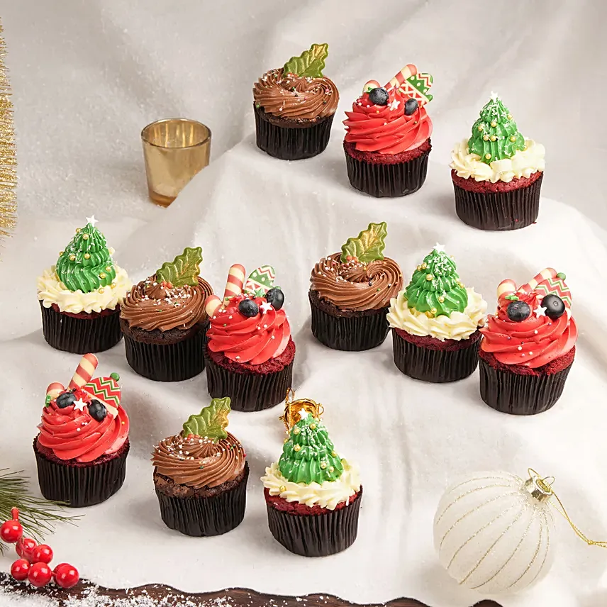 Christmas Joy Chocolate And Red Velvet Cupcakes 12 Pcs: Xmas Cake