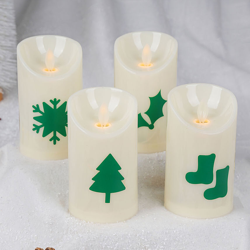 مجموعة 4 شموع الكترونية بزينة كريسماس لون أبيض وأخضر: هدايا شموع