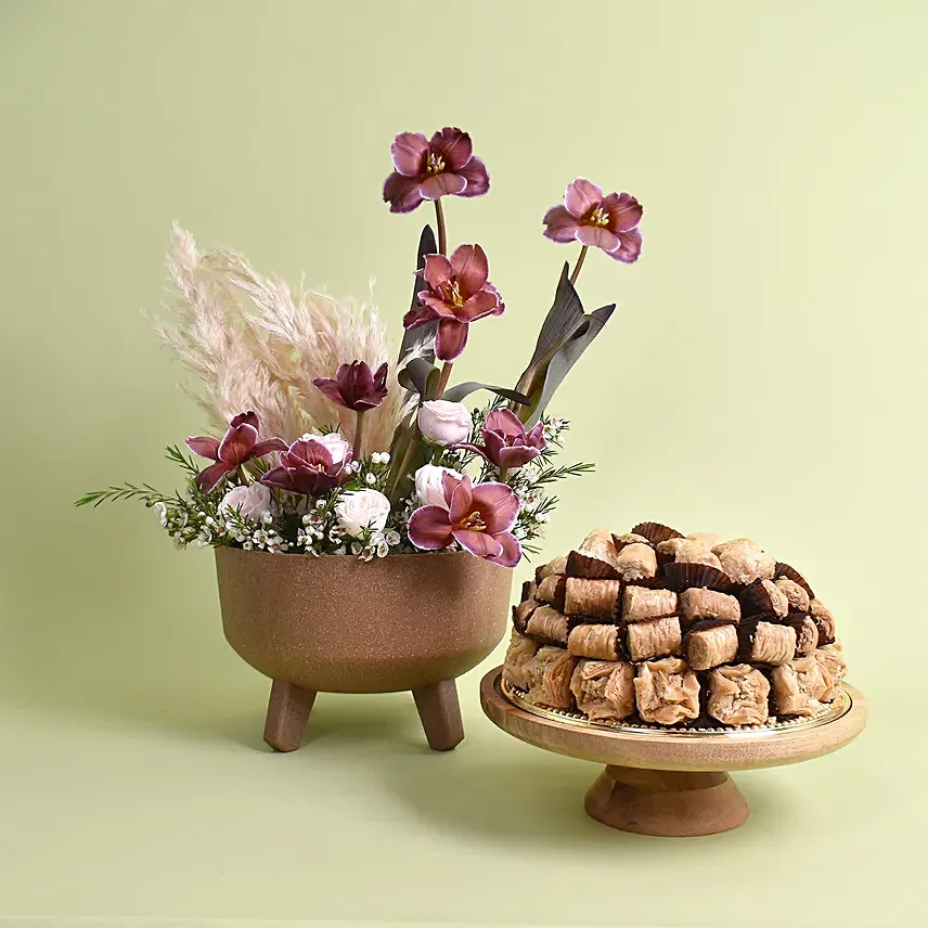 Coffee Tulips Arrangement with Baklawa: Birthday Flowers With Sweets