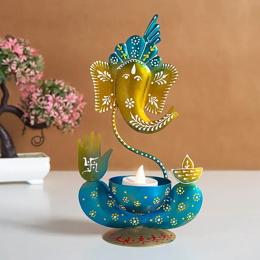 Colorful Metalic Ganesha with Tea Light Holder: 