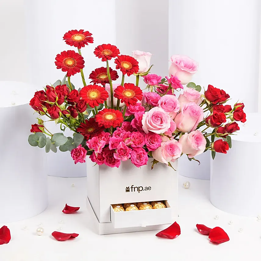 Colors of Love Flower Box with Chocolates: Valentines Day Flower Arrangements