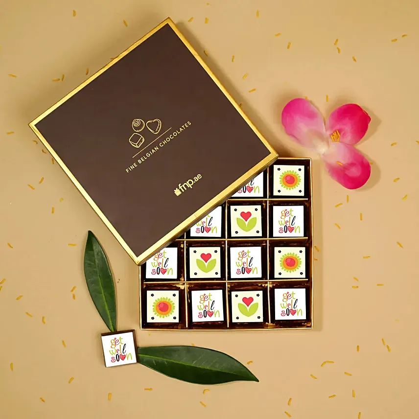 شوكولا بلجيكيه فاخرة - بوكس 16 قطعة مطبوعة لتمنيات الشفاء: هدايا شوكولاتة