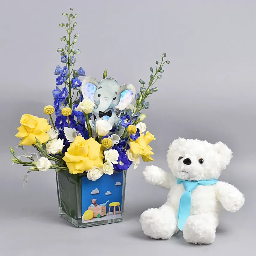 Congrats Its a Boy Flowers And Teddy: Rose Bouquet