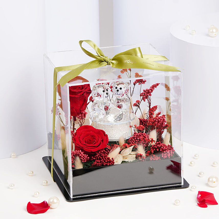 Crystal Teddys with Preserved Roses: Flower Box Bouquet