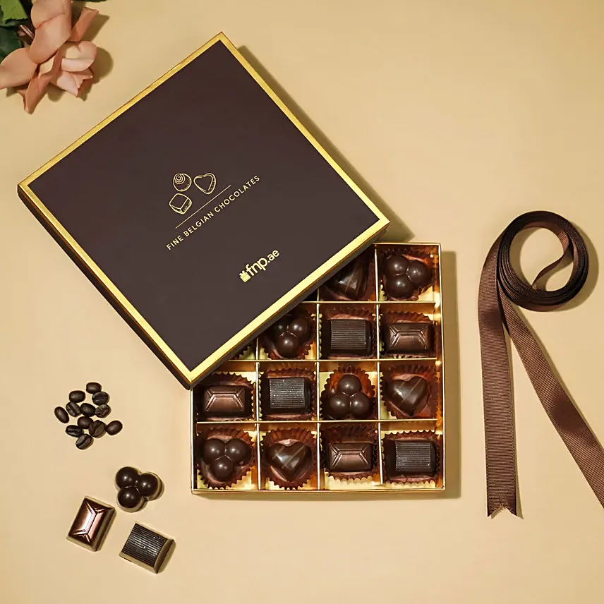 شوكولا بلجيكيه فاخرة - بوكس 16 قطعة شوكولاته داكنة: هدايا عيد الزواج