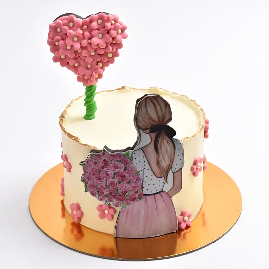 كيك شوكولاته كيلو واحد مصصم برسمة فتاة وقلب: Birthday Chocolate Cakes