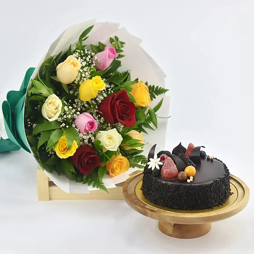 Dozen Multi Roses with Fudge Cake: Anniversary Flowers to Abu Dhabi
