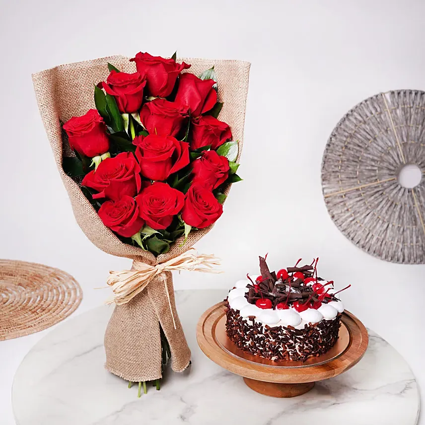 Dozen Roses with Blackforest Cake: Anniversary Flowers & Cakes
