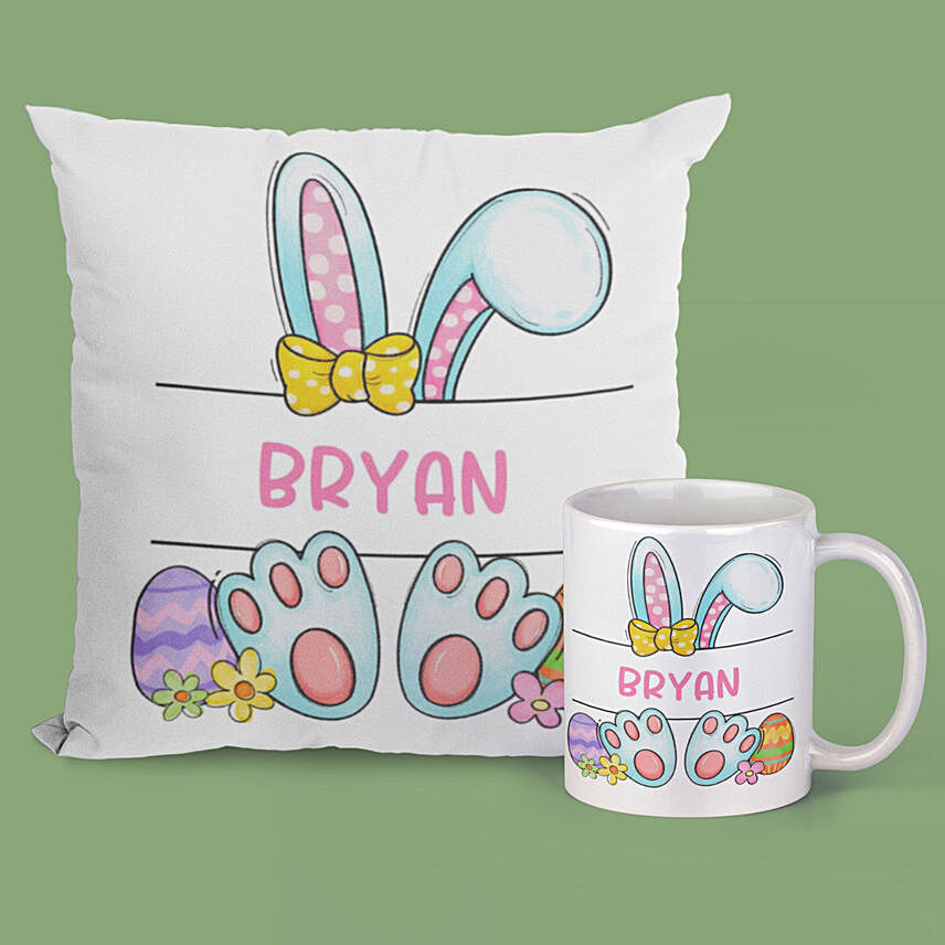 Easter Bunny Personalied Cushion and Mug: Cheerful Easter Gifts