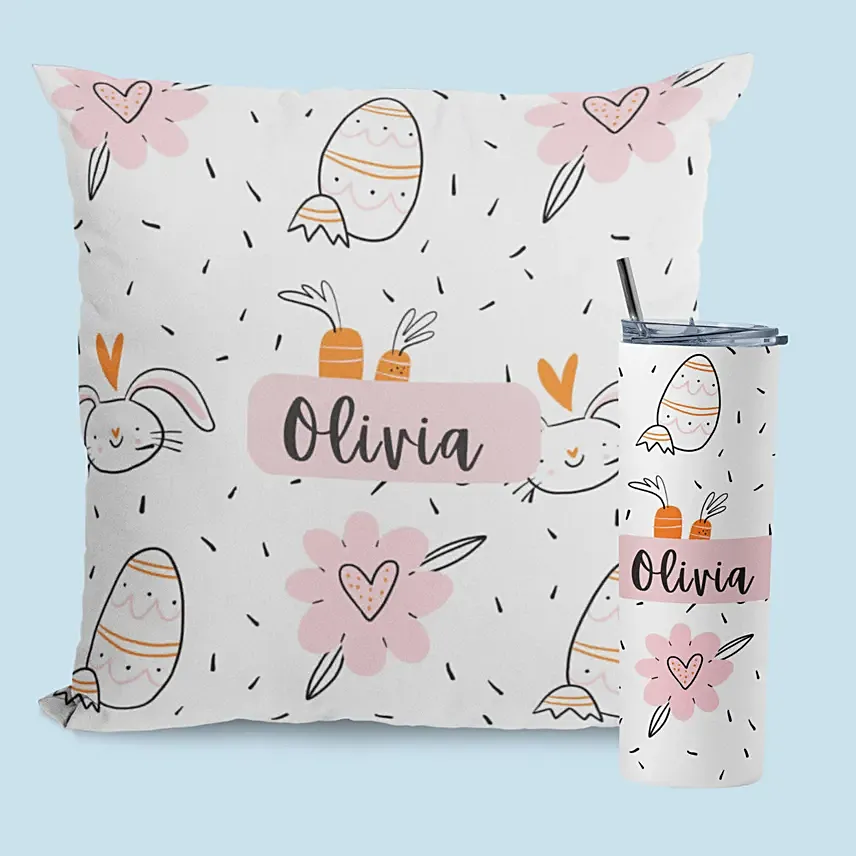 Easter Egg Personalised Tumbler and Cushion: Cheerful Easter Gifts