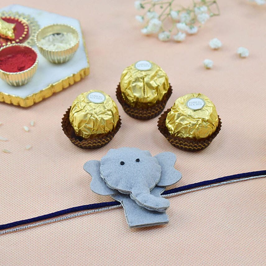 Elephant Rakhi With 3 Pcs Ferrero Rocher: Rakhi With Chocolates 