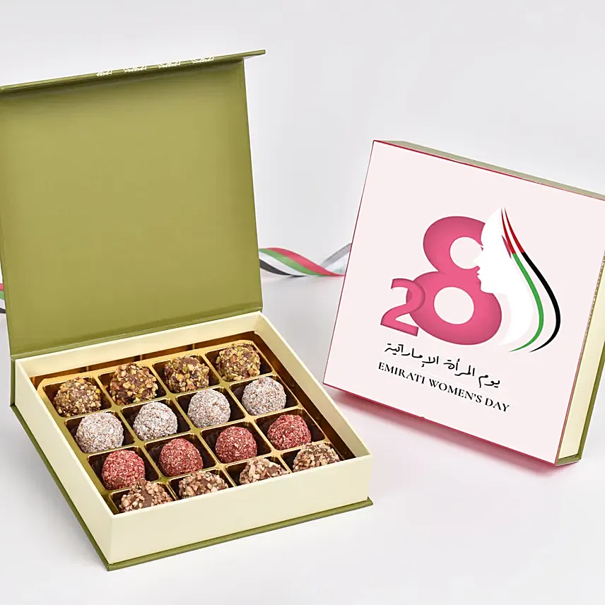 بوكس 16 قطعة شوكولاته مخصص بطابع يوم المرأة الإماراتية: هدايا يوم المرأة الإمارتية