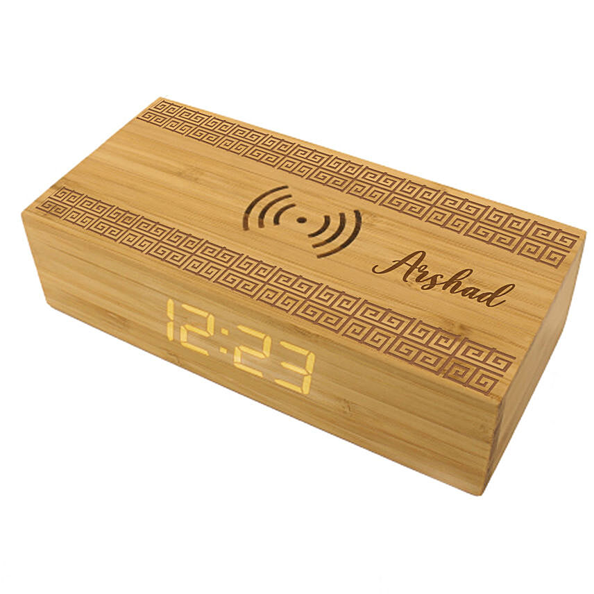 Engraved Text Bamboo Wireless Charger with Clock: Personalised Gifts Offers
