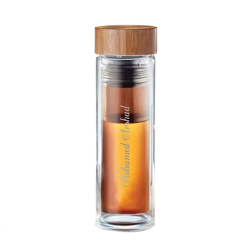 Engraved Text Glass Flask with Bamboo Cap: Personalized Gifts Same Day Delivery