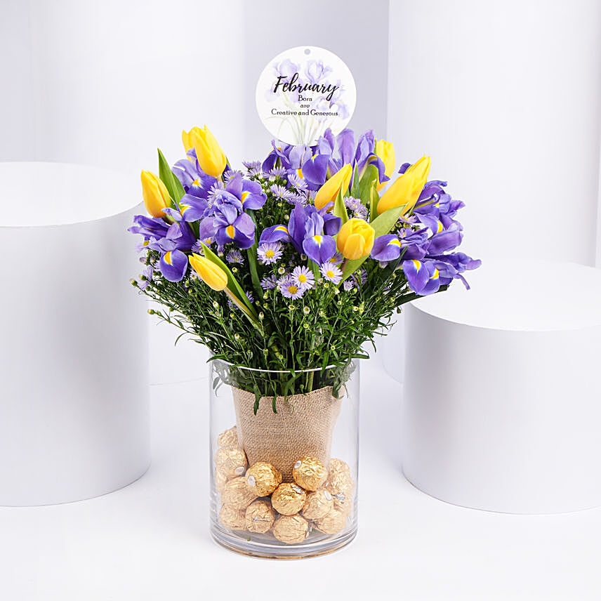 Feb Birthday Flower Iris & Tulips with Rochers: Flowers and Chocolate Delivery