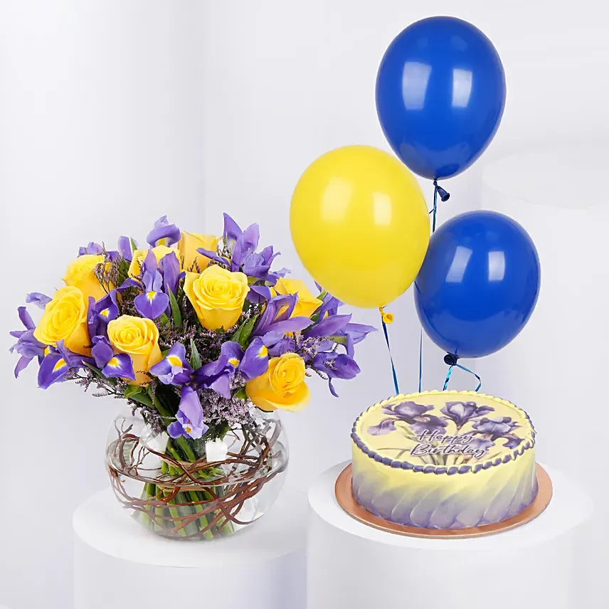 Iris Flowers with Birthday Cake with Balloons: Flowers and Cake 