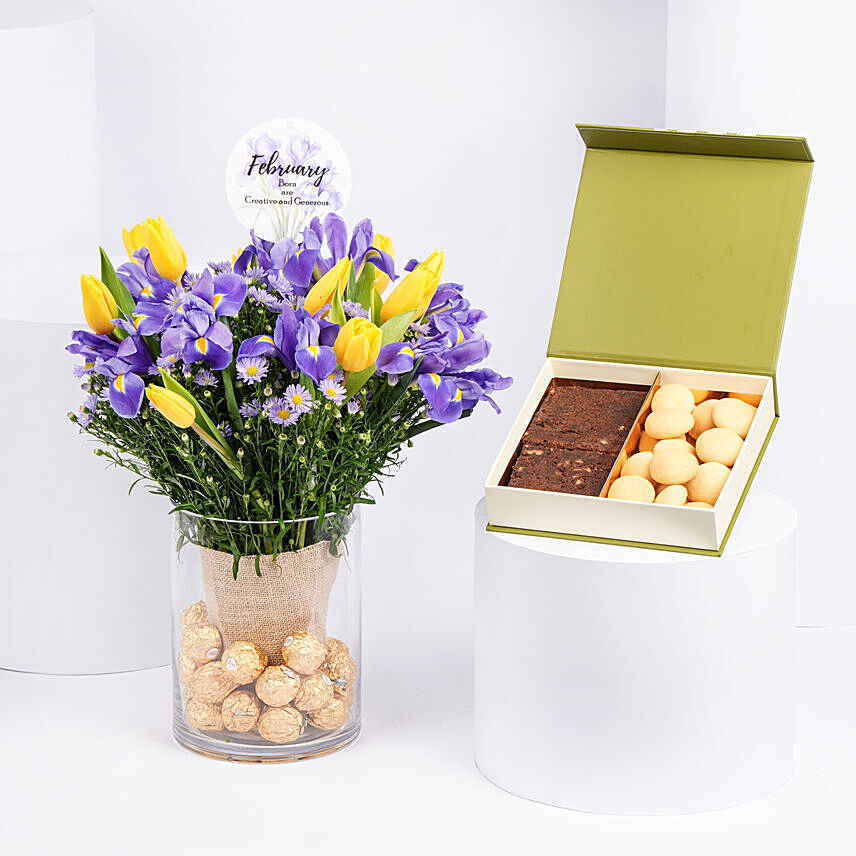 Feb Birthday Flower Iris & Tulips and Treats Box: Birthday Gift Ideas