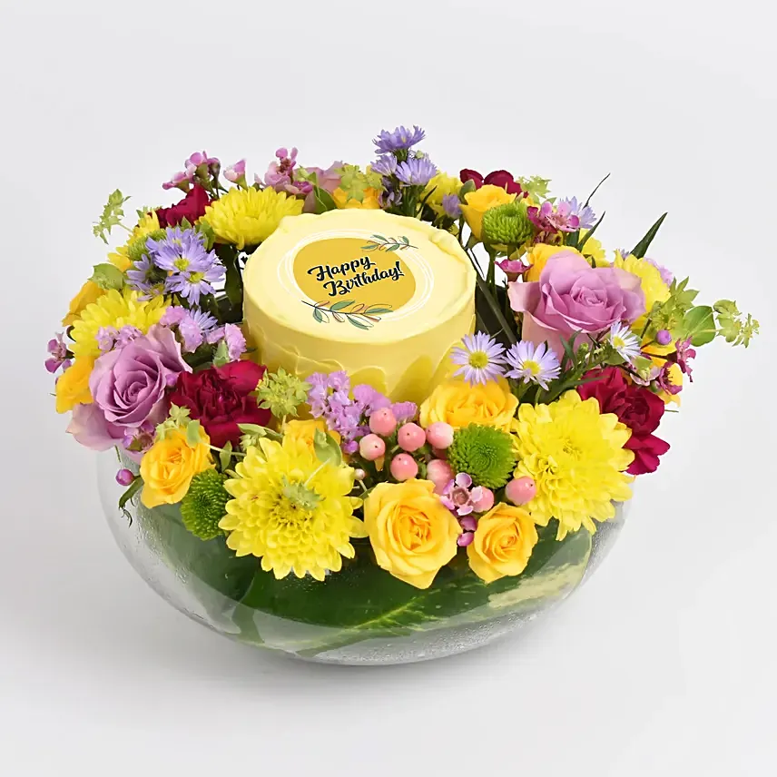 Happy Birthday Day Mono Cake and Flowers Dish: Friendship Day Gifts