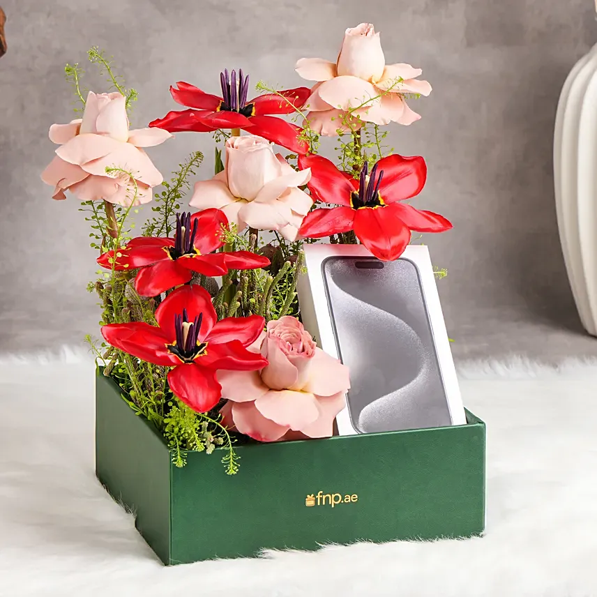 Iphone 15 Pro Gift with Flowers & Chocolates: 