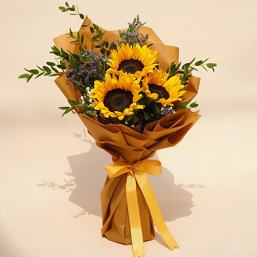 Mesmerising Sunflowers Beautifully Tied Bouquet: Flower Bouquets