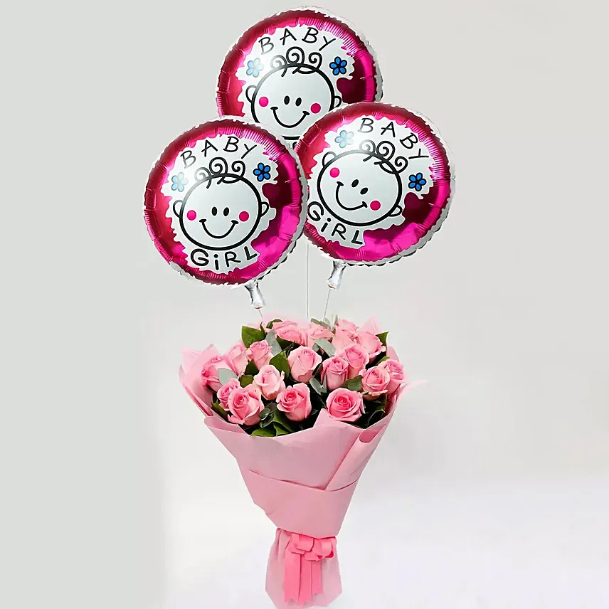 Pink Roses Bouquet with Balloons: Flowers and Balloons