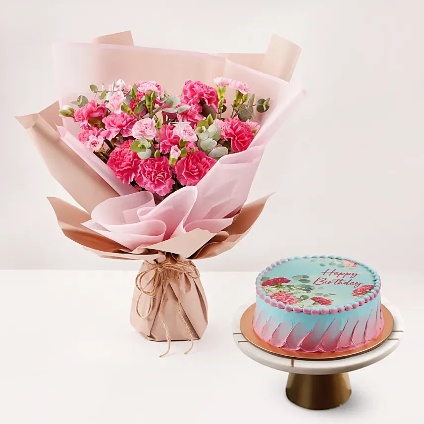 Birthday Wish Carnation Bouquet And Cake: Cakes 