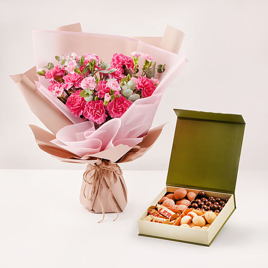 Birthday Wish Carnation Bouquet And Treat Box: 
