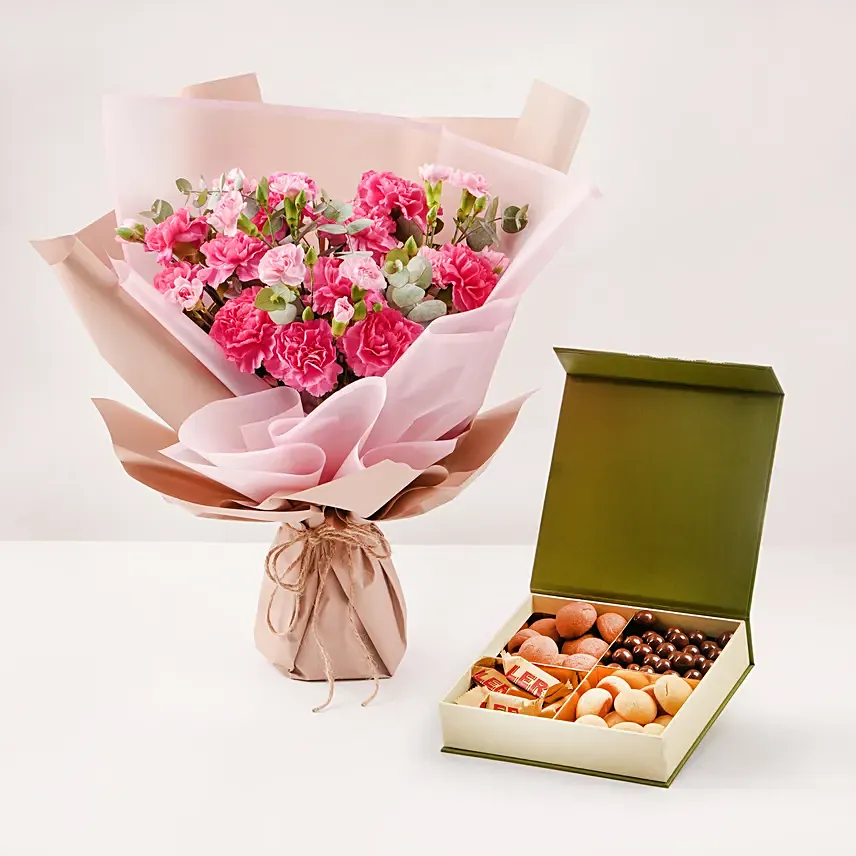 Birthday Wish Carnation Bouquet And Treat Box: Sweets in Abu Dhabi