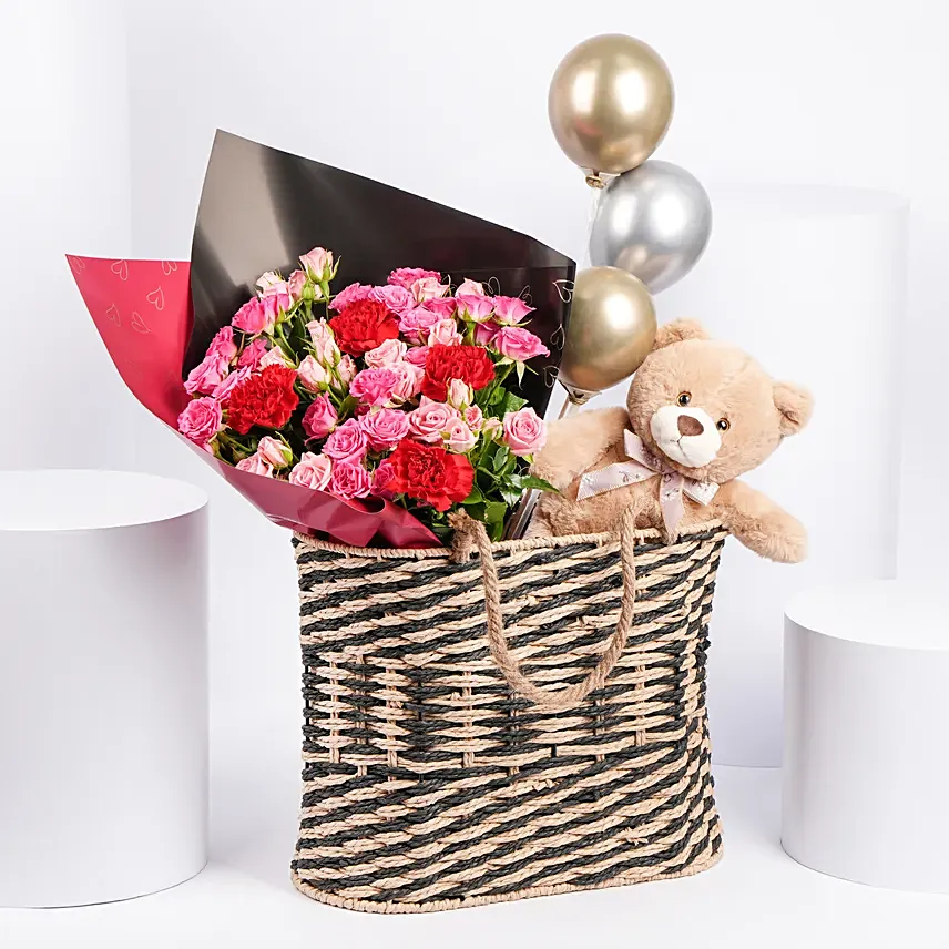 Roses with Teddy And Balloons in a Basket: 