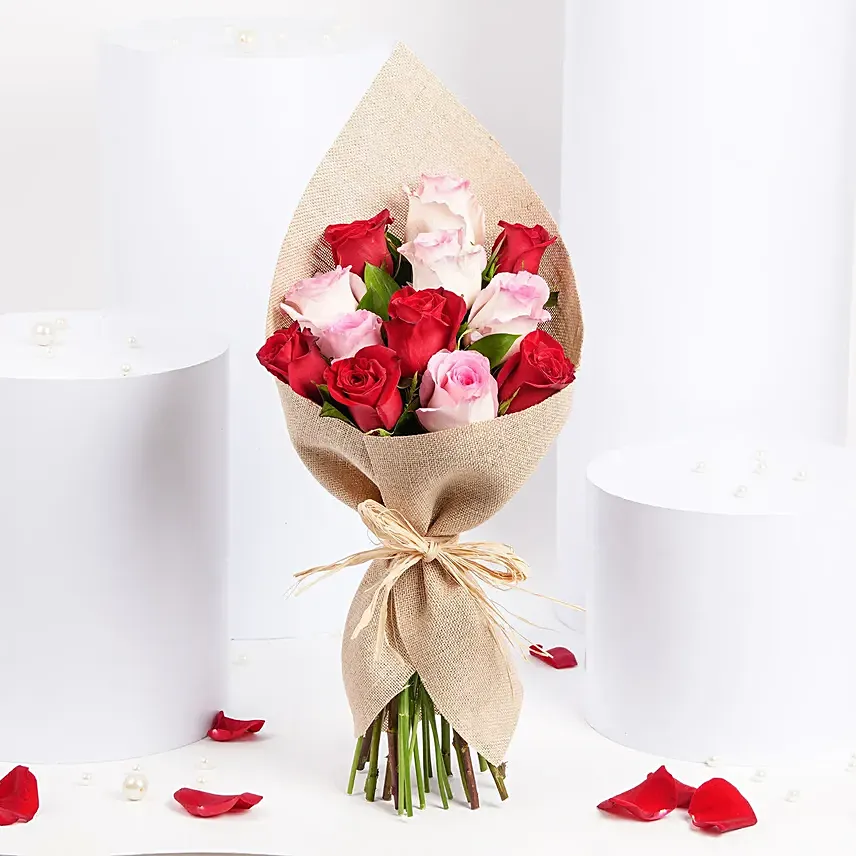 6 Pink 6 Red Roses Warmth Bouquet: Kiss Day Gifts
