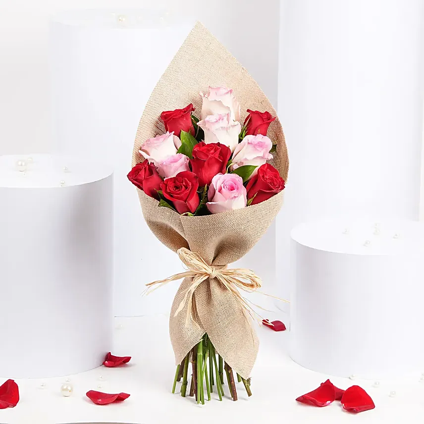 6 Pink 6 Red Roses Warmth Bouquet: Valentines Day Flowers for Him