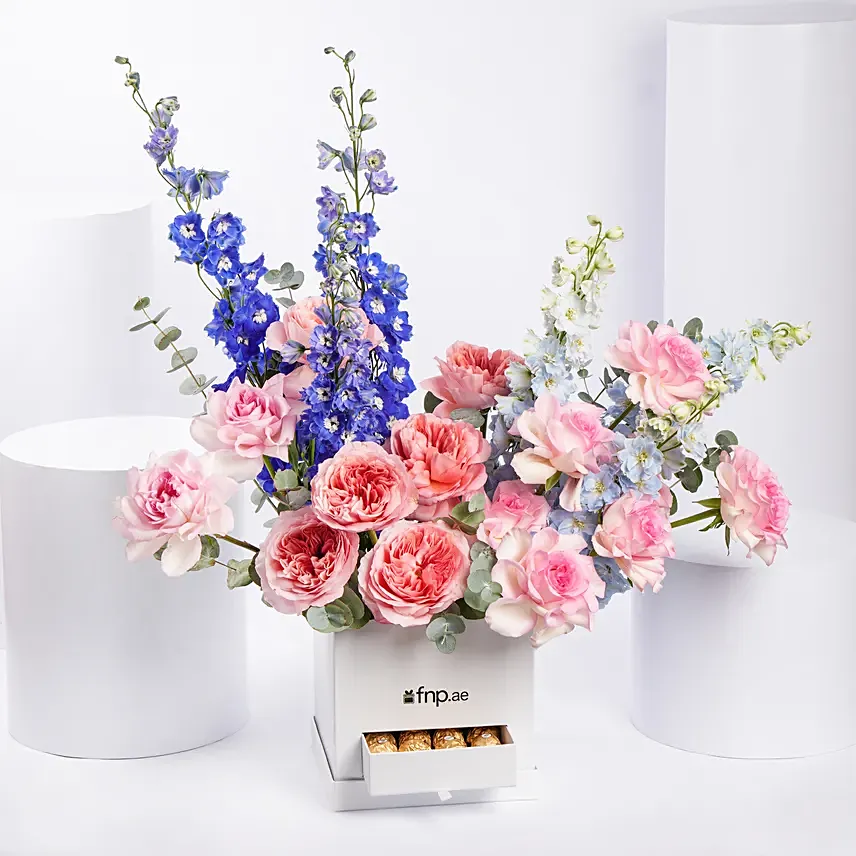 Garden Roses and Delphinium Arrangement: Flowers & Chocolates for Mothers Day