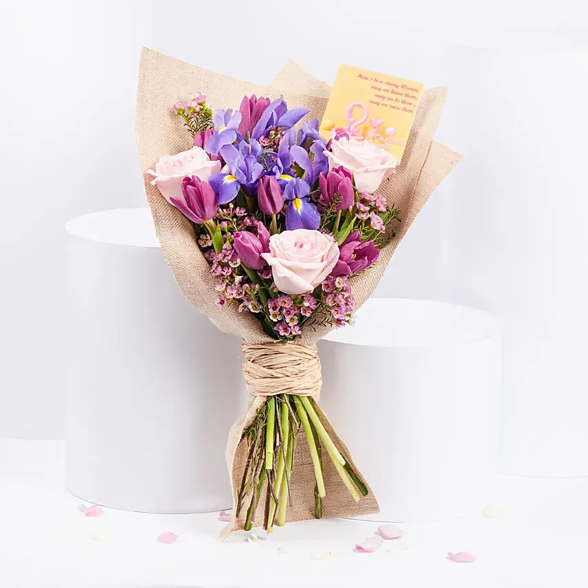 Womens Day Tulips Iris and Roses Bouquet: Tulip Flowers