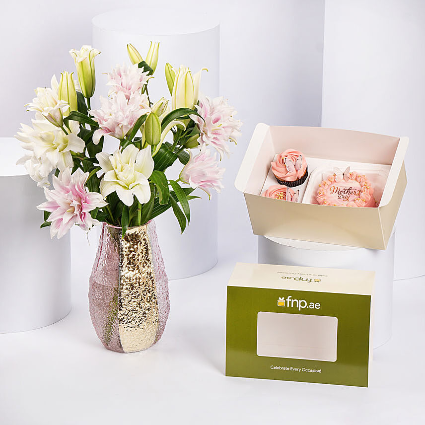 Stunning Rose Lilies With Bento Cake And Cupcakes:  Lilies flowers Bouquet
