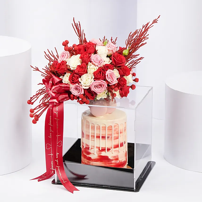 Flowers and Cake in Premium Box: Anniversary Flowers & Cakes