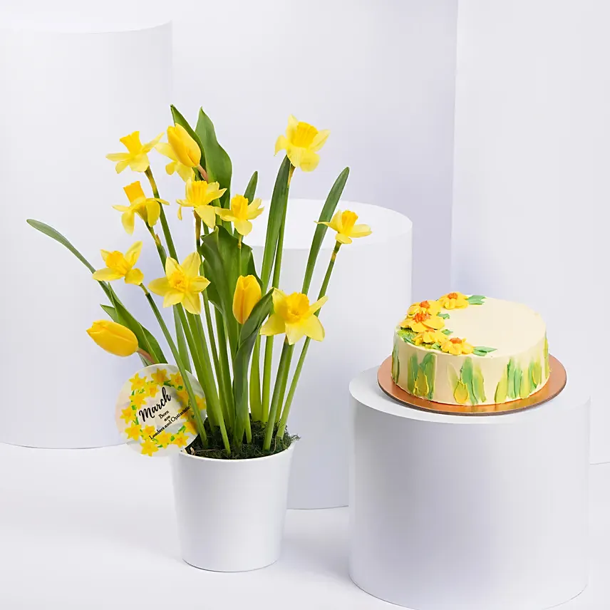 Smiles Birthday Wishes combo of Flowers and Cake: Flowers and Cake 