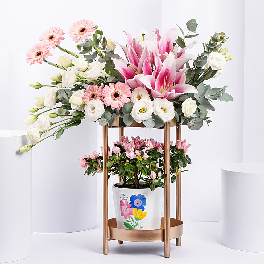 Moms Gentle Love Flowers And Plant Stand: Mothers Day Plants Delivery