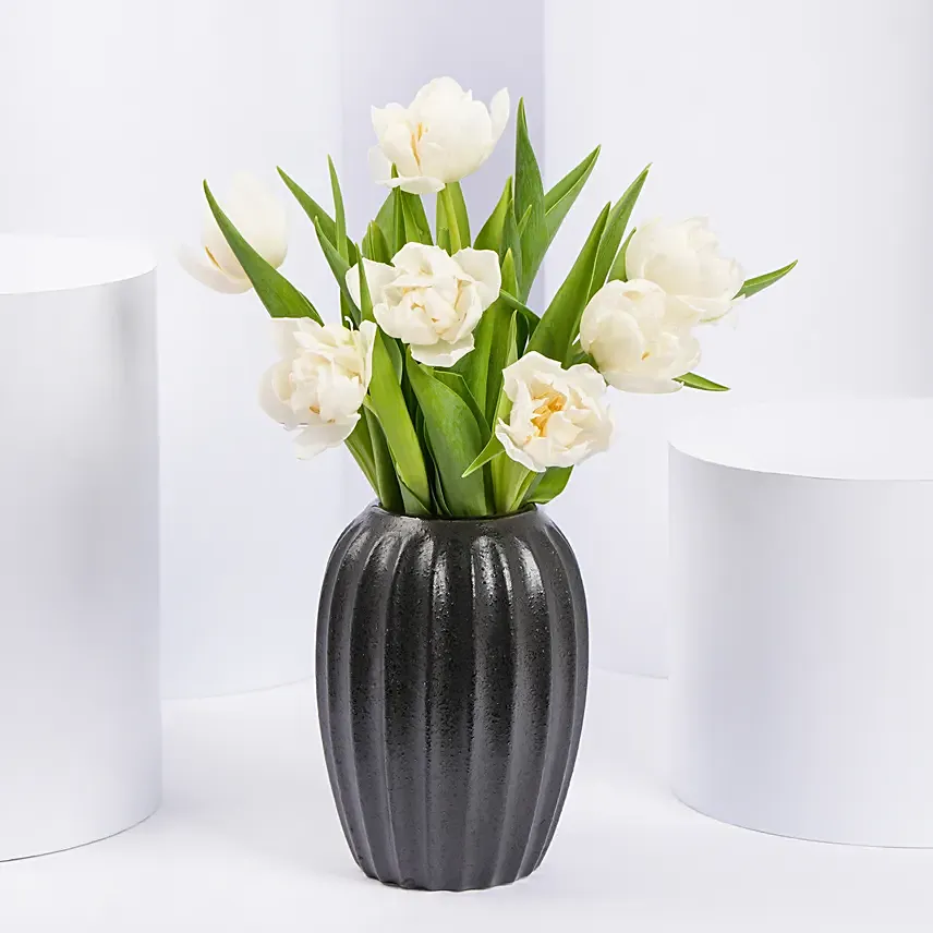 Double Petal Premium White Tulips In A Vase: Birthday Combos