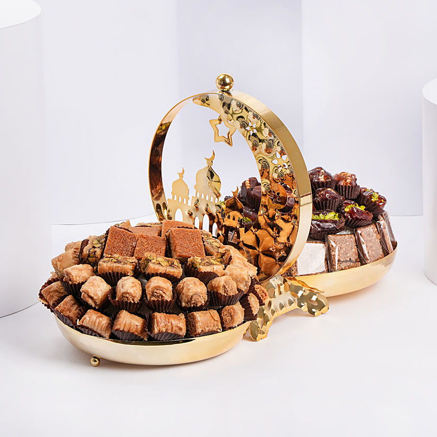 Dual Side Platter With Baklawa Dates And Chocolates: Ramadan Mubarak Chocolates