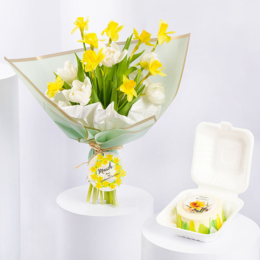 Daffodils and Tulips Birthday Flower Bouquet With Bento Cake: Best Gift Shop - Gifts Delivery Dubai, UAE