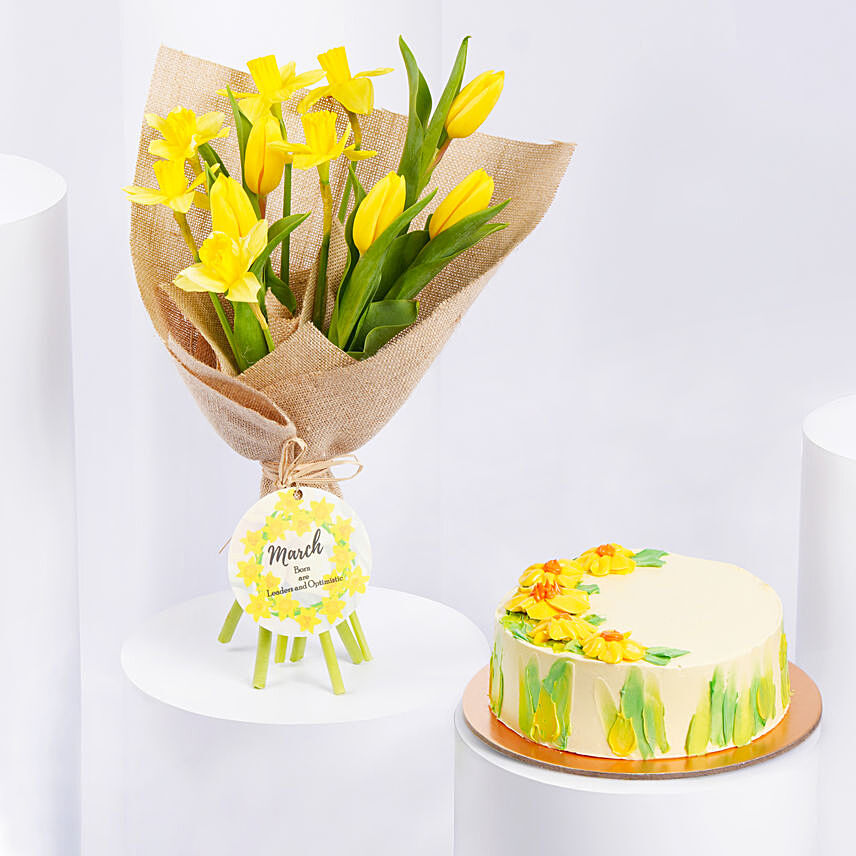 Daffodils withTulips Birthday Flower Bouquet and Cake: Flowers and Cake 