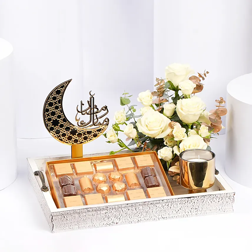 Bostani Leathered Luxury Chocolate Box with Flowers: Eid Mubarak Chocolates