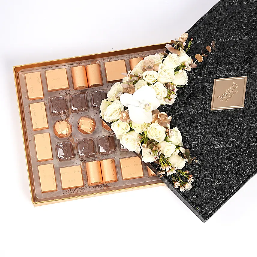 شوكولاتة بستاني 42 قطعة بوكس جلد أسود مزين ورد: باقة ورد رمضان