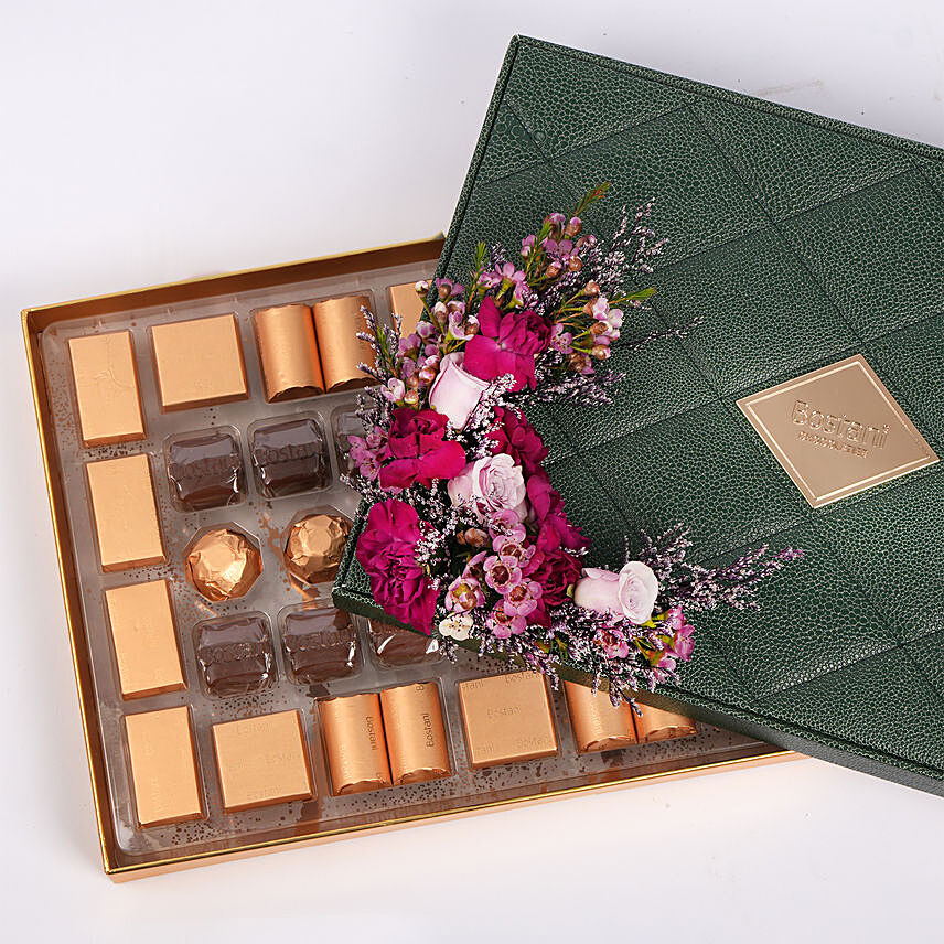Flowers and Bostani Leathered Luxury Chocolate Temptaion Green Box: Eid Mubarak Flowers