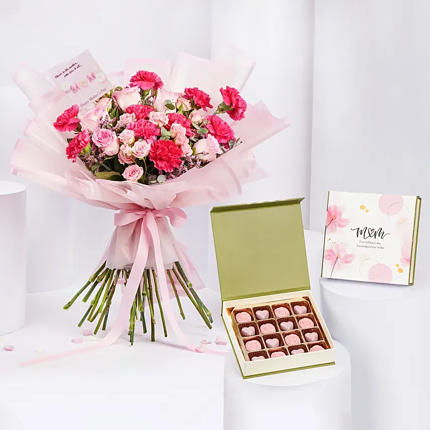 Carnations And Roses Bouquet And Chocolates: Flowers and Chocolates for Mothers Day