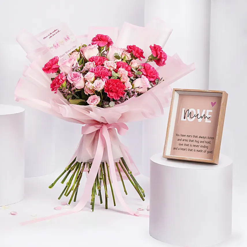 Carnations And Roses Bouquet And Frame: Mother's Day Bouquet