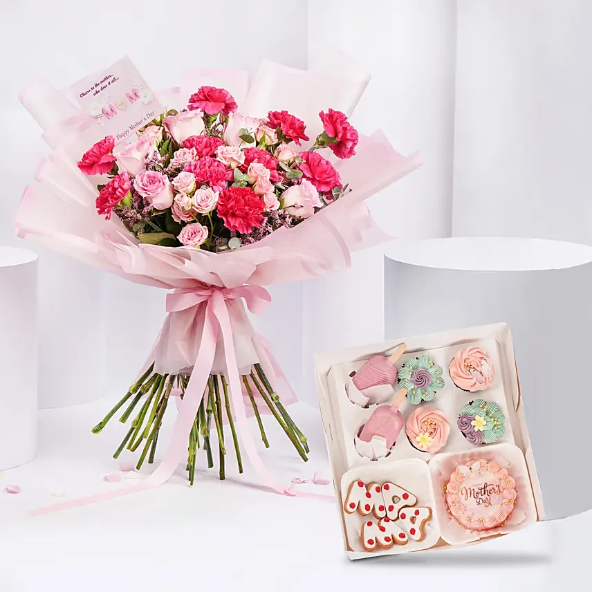 Carnations And Roses Bouquet And Treat Box: Flowers & Cakes for Mothers Day