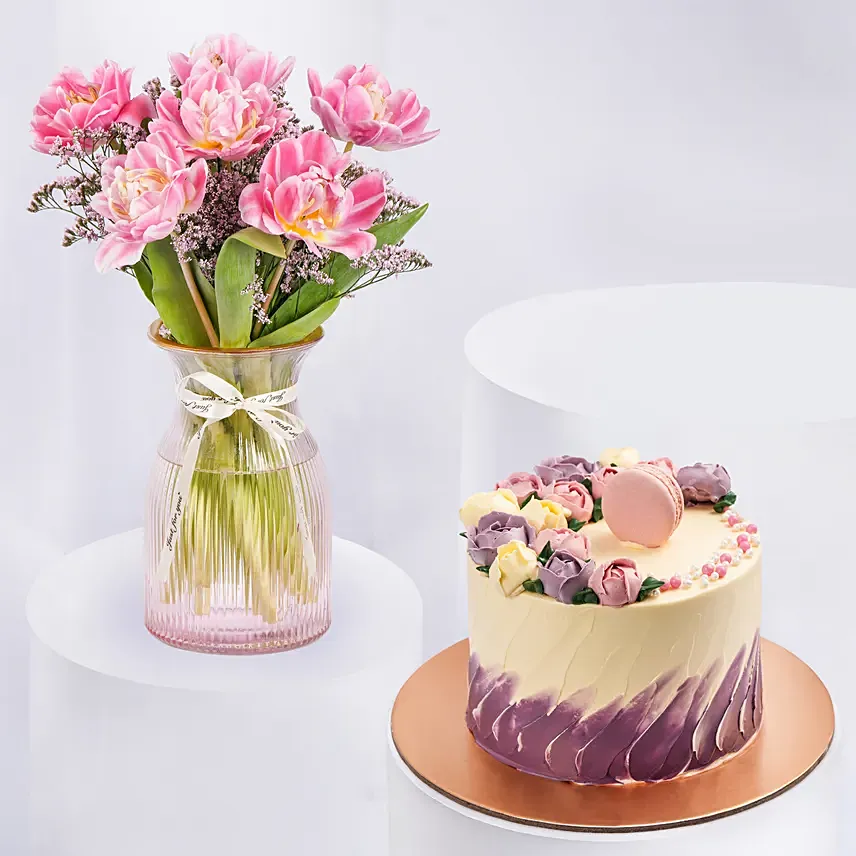 Double Petal Premium Pink Tulips And Cake: Mothers Day Flowers 2024