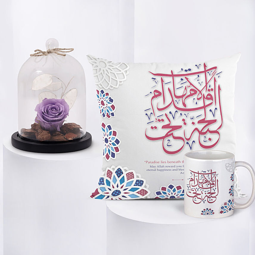 Mom Purple Preserved Rose With Mug And Cushion: Purple Roses Bouquet
